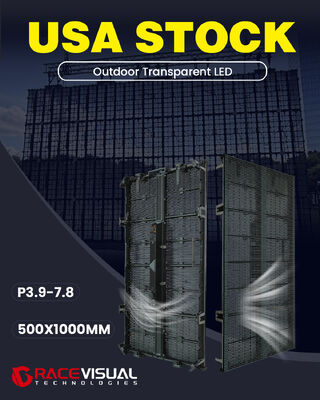 Une LED transparente extérieure avec une hauteur de pixel de 3,9 à 7,8 mm, un cabinet de 500 x 1000 mm, un taux de rafraîchissement de 7680 Hz, une luminosité de 5000 nits, adapté à toutes sortes d'événements extérieurs.